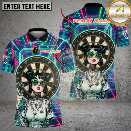 Maxcorners Darts Neon Tattoo Girl Multicolor Options Personalized Name, Team Name 3D Shirt
