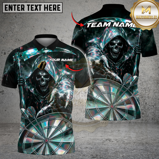 Maxcorners Grim Reaper Darts Shirt Hologram Skull Dartboard Multi Options Personalized Name, Team Name Unisex 3D Shirt (4 Colors)