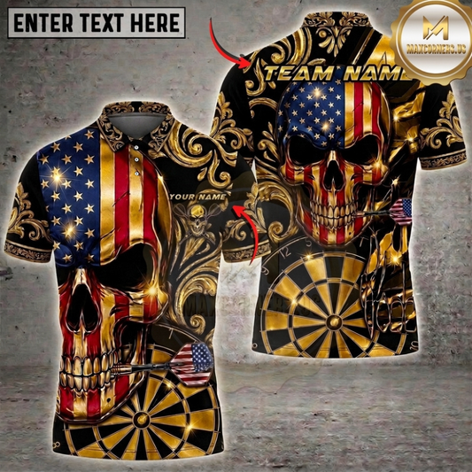 Maxcorners Golden American Flag Skull Dartboard Luxury Ornamental Dart Multi Options Personalized Name, Team Name Unisex 3D Shirt