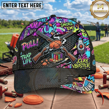Maxcorners Graffiti Pop Art Pull Trap Life Clay Buster Crossed Shotguns Trap Shooting Multicolor Options Personalized Name 3D Cap