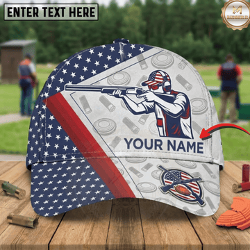 Maxcorners American Flag Stars Stripes Patriotic Trap Shooter USA Hat Badge Trap Shooting Multicolor Options Personalized Name 3D Cap
