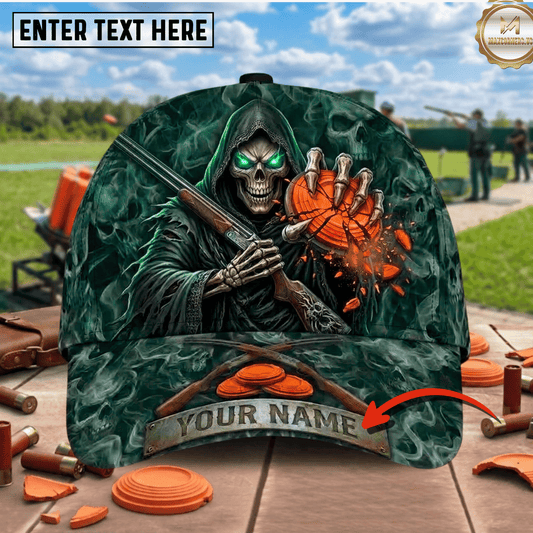 (7 Colors) Maxcorners Grim Reaper Skull Smoke Crushing Clay Target Shotgun Crossed Rifles Trap Shooting Multicolor Options Personalized Name 3D Cap