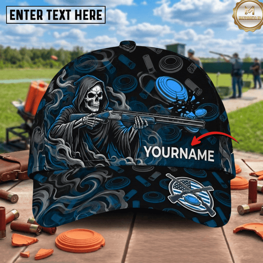 (7 Colors) Maxcorners Blue Grim Reaper Shooting Clay Target Smoke American Badge Trap Shooting Multicolor Options Personalized Name 3D Cap