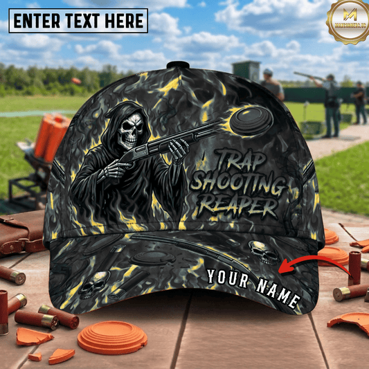 (7 Colors) Maxcorners Trap Shooting Reaper Flaming Skull Shotgun Clay Target Skull Shell Fire Pattern Trap Shooting Multicolor Options Personalized Name 3D Cap