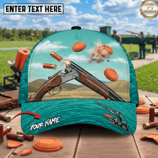 (5 Colors) Maxcorners Sky Blue Shotgun Ejecting Shells Shattered Clay Target Cloud Pattern Trap Shooting Multicolor Options Personalized Name 3D Cap