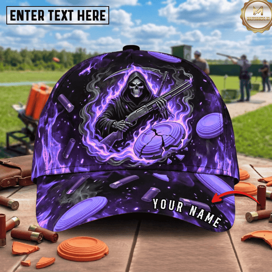 (7 Colors) Maxcorners Trap Shooting Reaper Scythe Shotgun Cracked Clay Shell Fire Ring Pattern Trap Shooting Multicolor Options Personalized Name 3D Cap