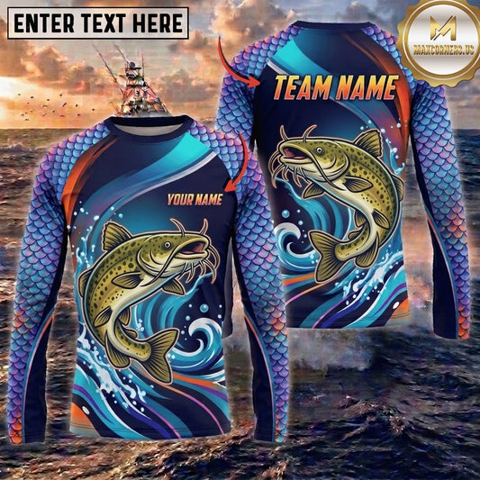 (13 Breeds) Maxcorners Fishing Blue Purple Scale Bass Crappie Multi Fish Water Wave Design Custom Name & Team Name 3D Shirts