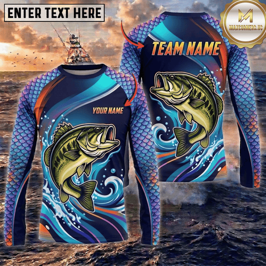 (13 Breeds) Maxcorners Fishing Blue Purple Scale Bass Crappie Multi Fish Water Wave Design Custom Name & Team Name 3D Shirts