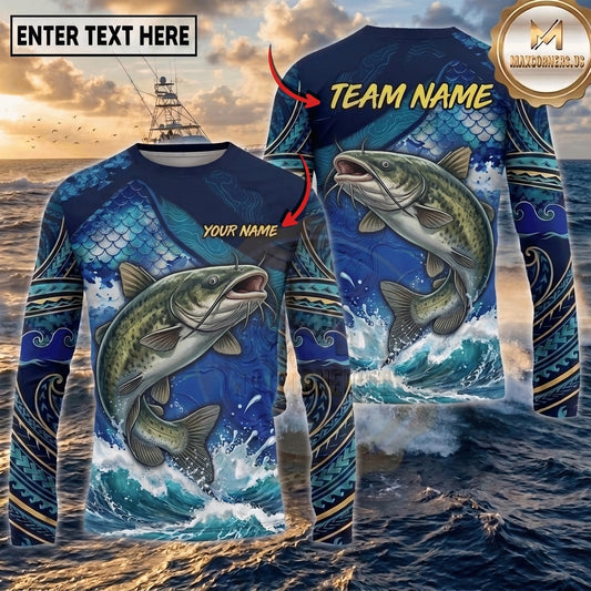 (13 Breeds) Maxcorners Fishing Navy Blue Tribal Scale Bass Wave Splash Design Custom Name & Team Name 3D Shirts