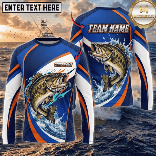 (13 Breeds) Maxcorners Fishing Blue White Orange Scale Bass Splash Design Custom Name & Team Name 3D Shirts
