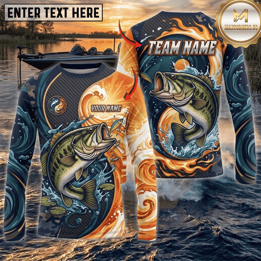 (13 Breeds) Maxcorners Fishing Orange Teal Yin Yang Sun Wave Bass Design Custom Name & Team Name 3D Shirts