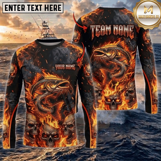 (13 Breeds) Maxcorners Fishing Black Orange Fire Flame Skull Bass Design Custom Name & Team Name 3D Shirts
