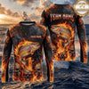 (13 Breeds) Maxcorners Fishing Black Orange Fire Flame Skull Bass Design Custom Name & Team Name 3D Shirts