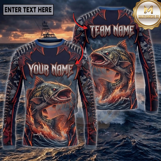 (13 Breeds) Maxcorners Fishing Black Red Camo Monster Fang Bass Fire Wave Design Custom Name & Team Name 3D Shirts