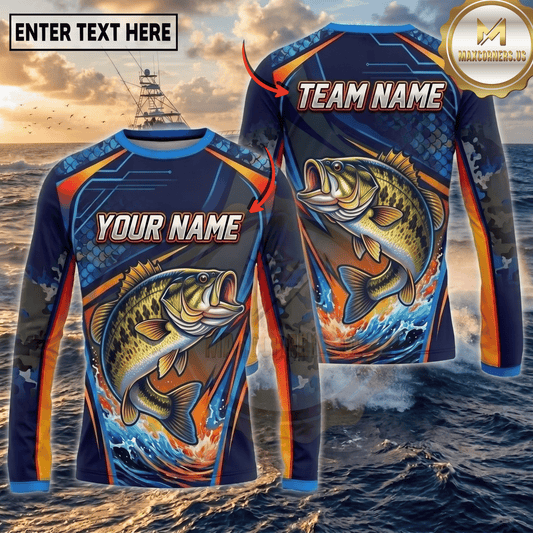 (13 Breeds) Maxcorners Fishing Navy Blue Orange Camo Bass Splash Wave Design Custom Name & Team Name 3D Shirts