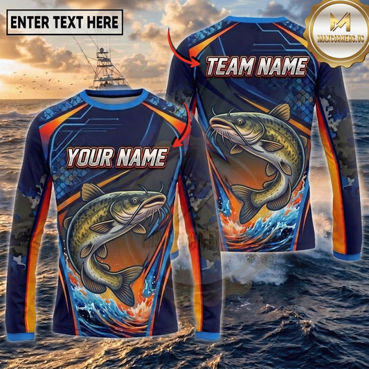 (13 Breeds) Maxcorners Fishing Navy Blue Orange Camo Bass Splash Wave Design Custom Name & Team Name 3D Shirts