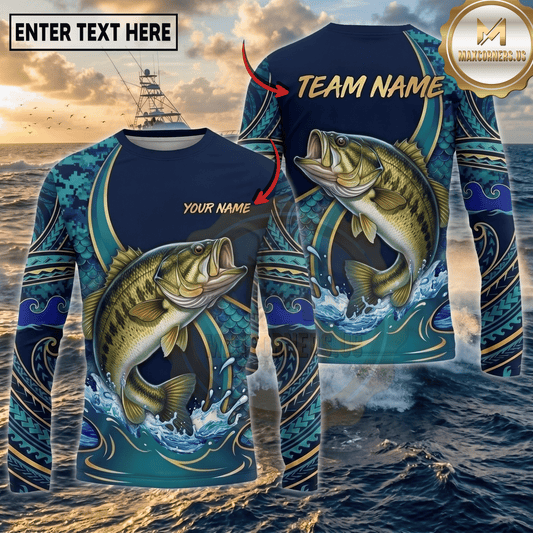 (13 Breeds) Maxcorners Fishing Navy Blue Teal Gold Tribal Polynesian Bass Wave Design Custom Name & Team Name 3D Shirts