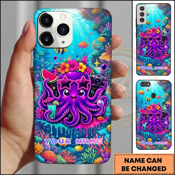 Maxcorners Personalized Cute Purple Octopus Phone Case with Star Sunglasses, Tropical Flowers, Camera, Watermelon and Custom Nam