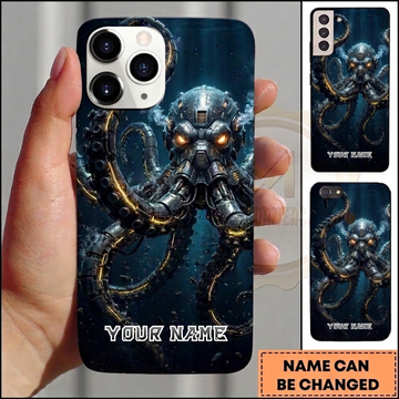 Maxcorners Personalized Mechanical Octopus Phone Case with Steampunk Armor, Robotic Tentacles, Glowing Eyes and Custom Name