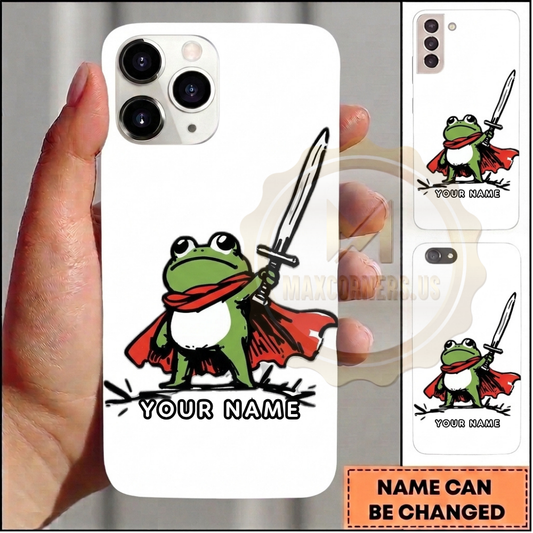 Maxcorners Personalized Warrior Frog Phone Case with Sword, Red Cape, Funny Hero Cartoon and Custom Name
