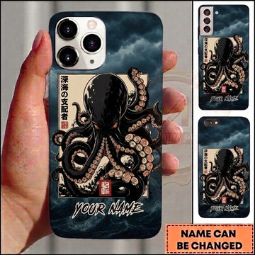 Maxcorners Personalized Black Japanese Octopus Phone Case with Ukiyo-e Style, Stormy Ocean Waves, Japanese Art, Dark Tentacles and Custom Name