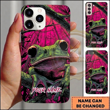 Maxcorners Personalized Green Tree Frog Phone Case with Pink Forest Background, Dark Branches, Sketch Art Style and Custom Name