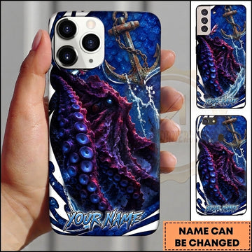 Maxcorners Personalized Purple Kraken Phone Case with Nautical Anchor, Water Splash, Deep Blue Ocean, Glowing Tentacles and Custom Name
