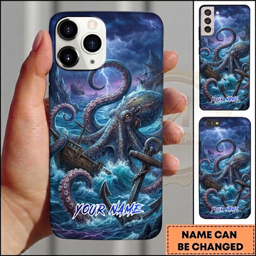 Maxcorners Personalized Stormy Sea Kraken Phone Case with Pirate Ships, Lightning, Ocean Waves, Nautical Anchor and Custom Name