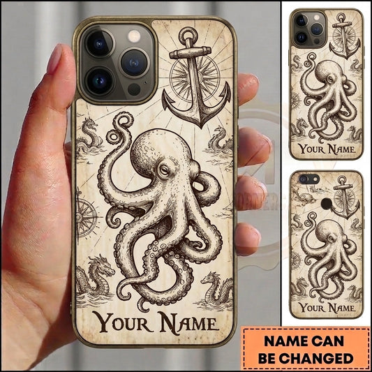 Maxcorners Personalized Vintage Octopus Phone Case with Nautical Anchor, Compass Rose, Sea Serpent, Antique Map Style and Custom Name