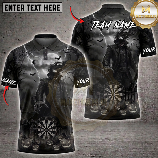 Maxcorners Halloween Darts Shirt Pumpkin Head Reaper, Dartboard, Jack O Lantern and Spider Web Multi Options Personalized Name, Team Name Unisex 3D Shirt (5 Colors)