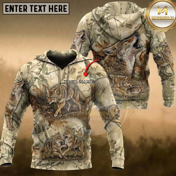 Maxcorners Coyote Hunting Rabbit Pack Howling Autumn Camo Multiple Options Personalized Name 3D Hoodie