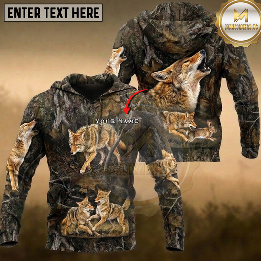 Maxcorners Coyote Hunting Rabbit Pack Howling Autumn Camo Multiple Options Personalized Name 3D Hoodie