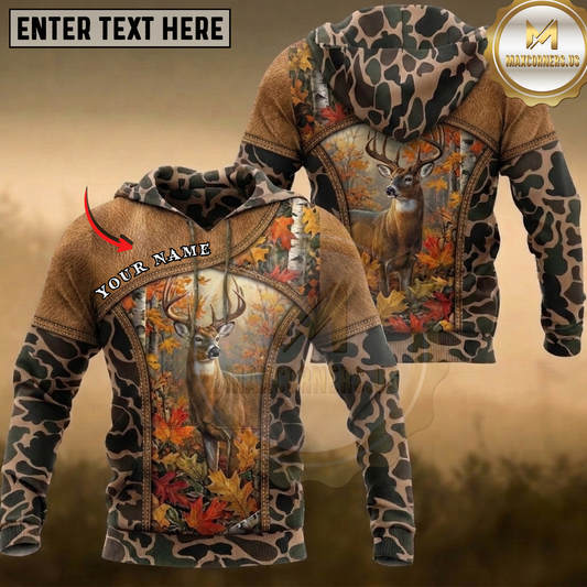 Maxcorners Whitetail Deer Hunting Autumn Leaves Vintage Camo Buck Multiple Options Personalized Name 3D Hoodie