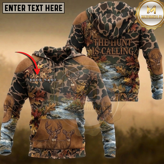 Maxcorners Whitetail Deer Couple Hunting Creek Forest Autumn The Hunt Is Calling Multiple Options Personalized Name 3D Hoodie