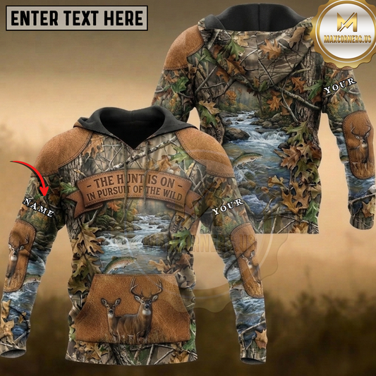 Maxcorners Whitetail Deer Trout Hunting The Hunt Is On In Pursuit Of The Wild Stream Camo Multiple Options Personalized Name 3D Hoodie