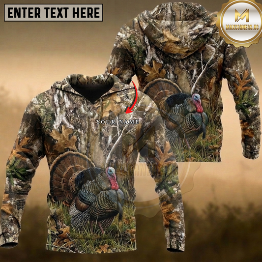 Maxcorners Wild Turkey Hunting Grassland Camo Autumn Strut Gobbler Multiple Options Personalized Name 3D Hoodie