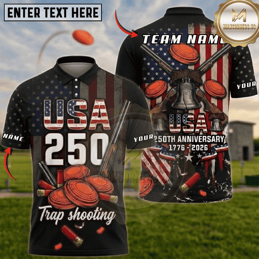 Maxcorners USA 250 Liberty Bell Crossed Guns Trap Shooting Multicolor Options Personalized Name, Team Name 3D Shirt (6 Colors)