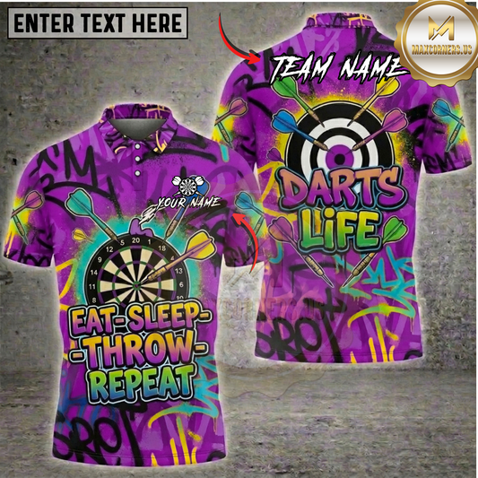 Maxcorners Purple Graffiti Eat Sleep Throw Repeat Darts Life Dartboard Fantasy Multicolor Options Personalized Name, Team Name 3D Shirt (5 Colors)