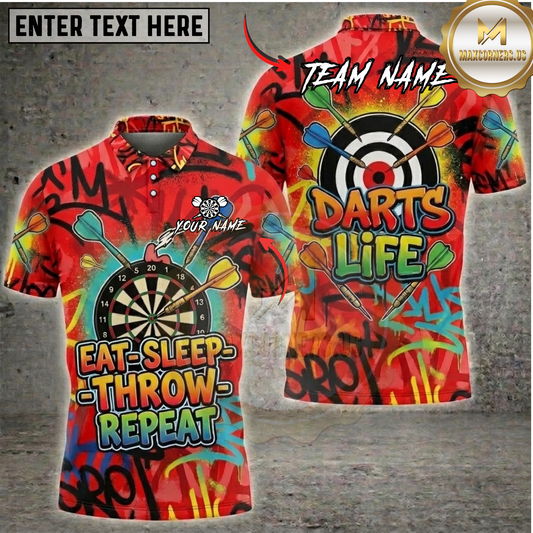 Maxcorners Purple Graffiti Eat Sleep Throw Repeat Darts Life Dartboard Fantasy Multicolor Options Personalized Name, Team Name 3D Shirt (5 Colors)