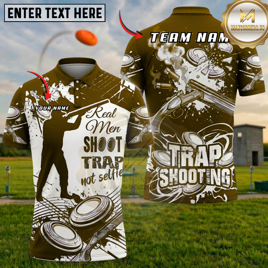Maxcorners "Real Men Shoot Trap Not Selfie" Shattered Clay Trap Shooting Multicolor Options Personalized Name, Team Name 3D Shirt (6 Colors)