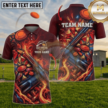 Maxcorners Trap Shooting Navy Blue Galaxy Blue Fire Shattered Glass Shotgun Personalized Polo Shirt (7 colors)
