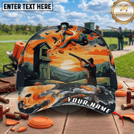 Maxcorners Sunset Tower Skeet Shooter Explosion Orange Sky Trap Shooting Multicolor Options Personalized Name, Team Name 3D Cap (2 Colors)