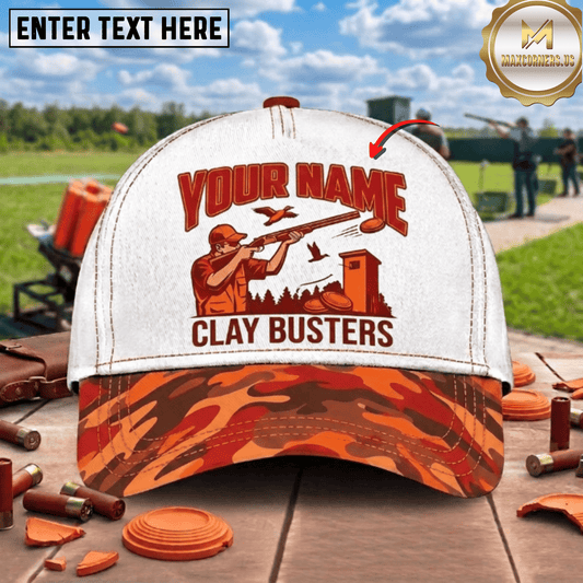 (4 Colors) Maxcorners Clay Busters Shooter Tower Silhouette Camo Brim Trap Shooting Multicolor Options Personalized Name, Team Name 3D Cap