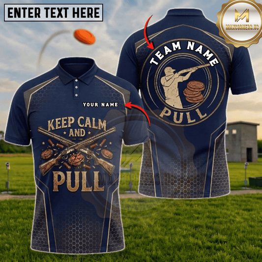 Maxcorners Keep Calm And PULL Crossed Shotguns Clay Stack Vintage Trap Shooting Multicolor Options Personalized Name, Team Name 3D Shirt (6 Colors)