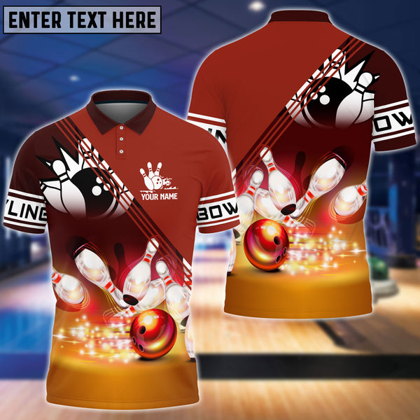 Maxcorners Red Bowling Ball Crashing into the Pins Personalized Name 3D Shirt