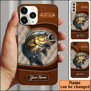 Maxcorners Bass Fish Heart Leather Pattern Personalized Name Phone Case LM1812