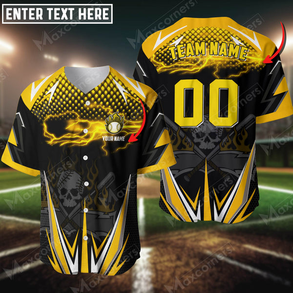 Maxcorners Baseball Jersey Skull Thunder Lights Custom 3D Shirt (Multicolor)