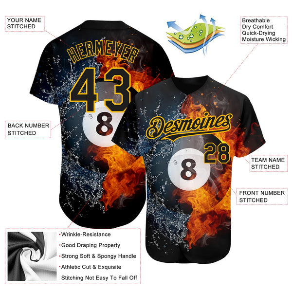 Maxcorners Personalized Text And Number Billiard Fire And Water 3D Pattern Baseball Jersey Shirt