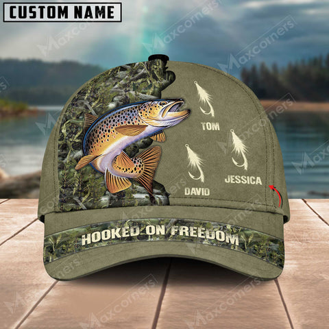 Maxcorners Trout Fishing Hooked On Freedom Personalized Name Blue 3D Classic Cap