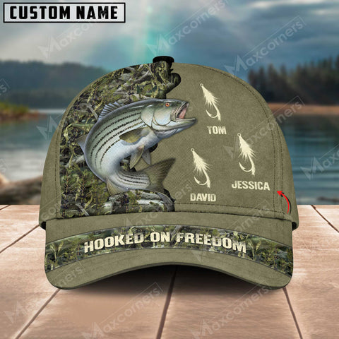 Maxcorners Striped Bass Fishing Hooked On Freedom Personalized Name Blue 3D Classic Cap